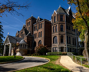 Side view of SHU Administration Building. Link to Life Stage Gift Planner Ages 60-70 Situations.